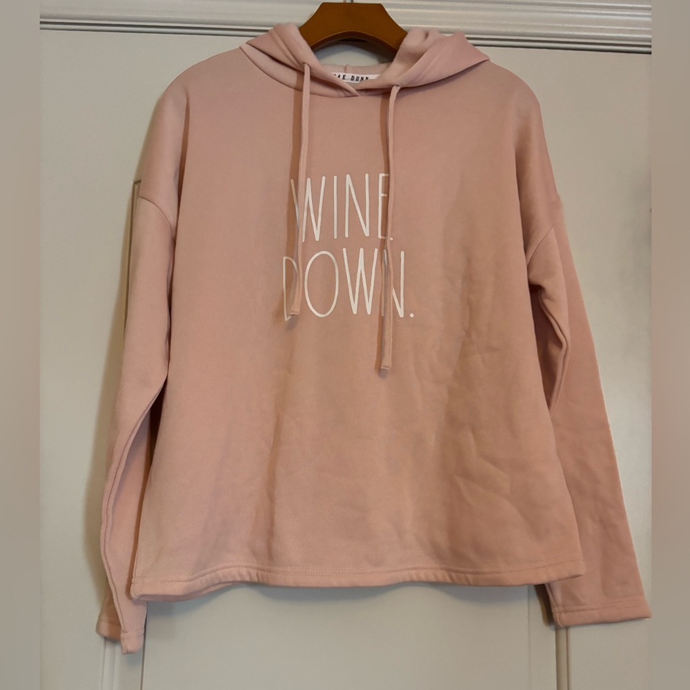 Rae Dunn Pink Hoodie with Wine Down Print. Medium.